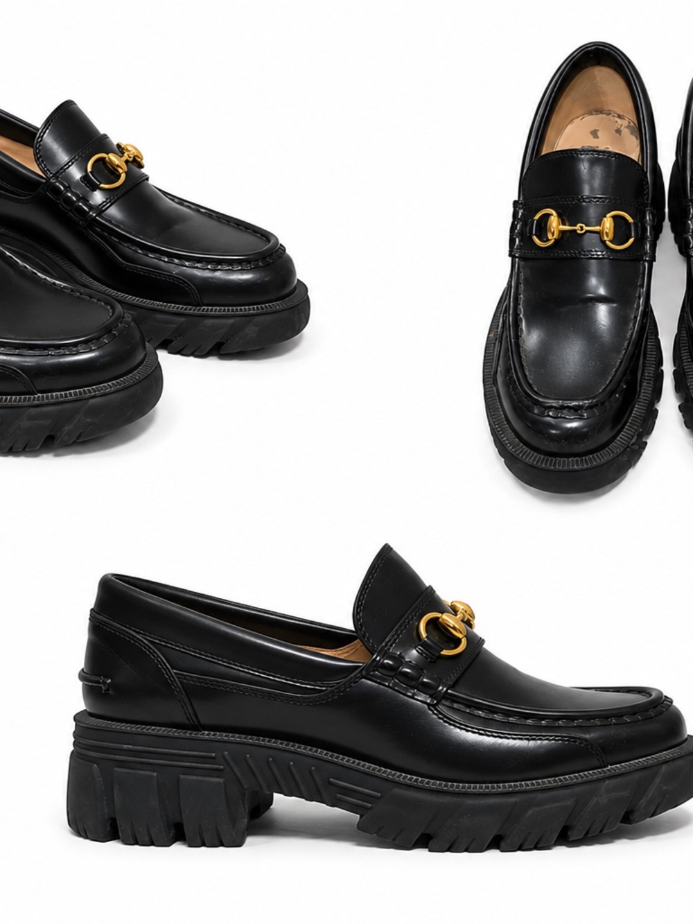 Gucci Black Leather Chunky Loafers with Gold Horsebit
